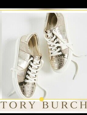 Tory Burch Gold Metallic, Glitter and Croc Sneakers